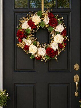 Spring Wreath for Front Door Red & Lemon Dahlias, Red Carnation Handmade 16x16”